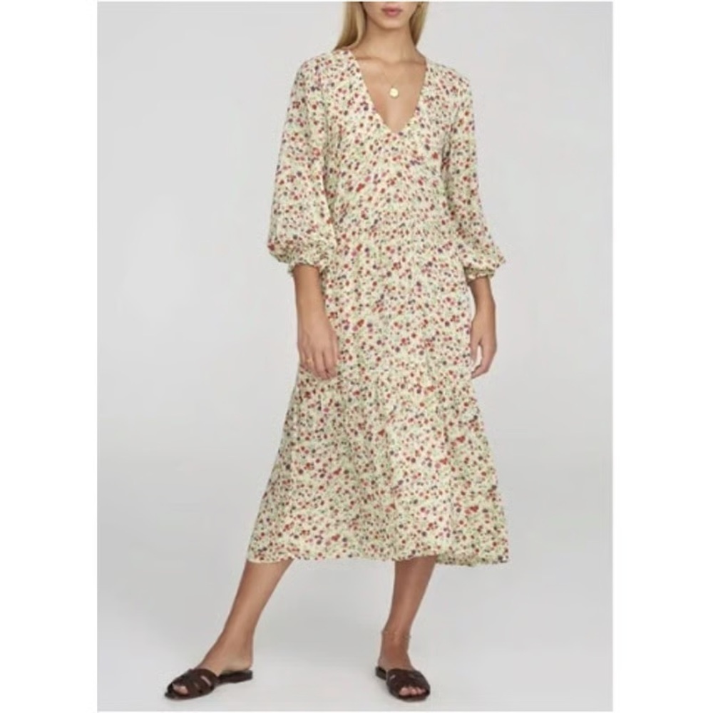 Faithfull The Brand Les Fleurs Yellow Bastille Floral Print Midi Dress EUC Sz 2